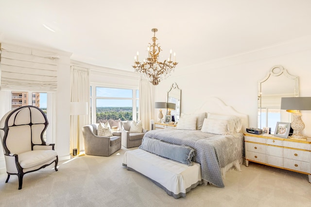 carpeted bedroom featuring an inviting chandelier