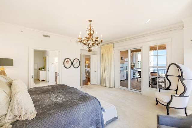 bedroom with carpet floors, access to exterior, visible vents, and ornamental molding