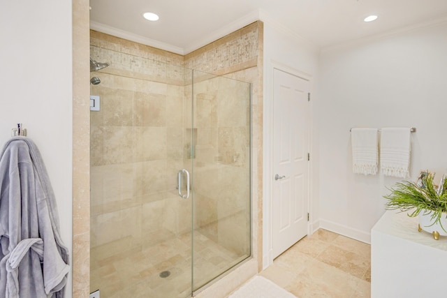 full bath featuring recessed lighting, crown molding, a shower stall, and baseboards