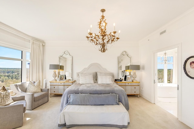 bedroom featuring light colored carpet, crown molding, visible vents, and multiple windows