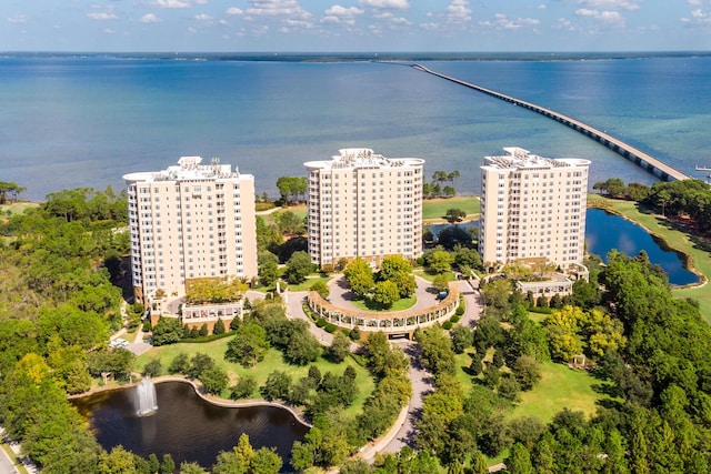 aerial view featuring a view of city and a water view