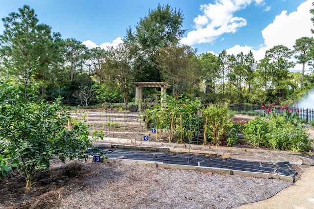 view of community featuring a vegetable garden and fence