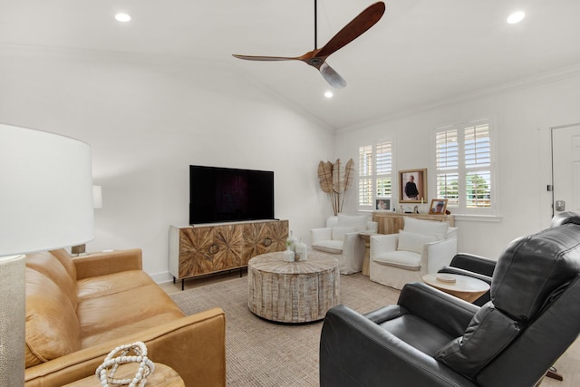 846 Cannon Ln, Destin, FL 32541 - living room with ornamental molding, recessed lighting, vaulted ceiling, and ceiling fan