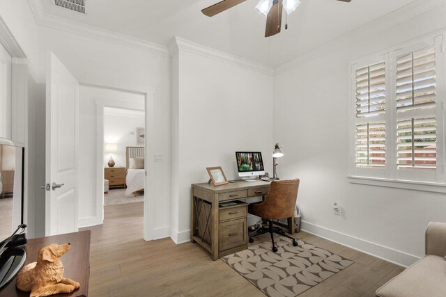 846 Cannon Ln, Destin, FL 32541 - office space featuring baseboards, ceiling fan, light wood-type flooring, and crown molding