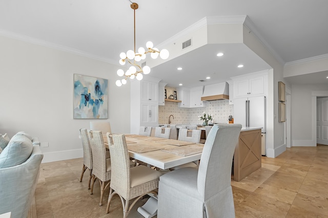 dining space with baseboards, visible vents, crown molding, a notable chandelier, and recessed lighting