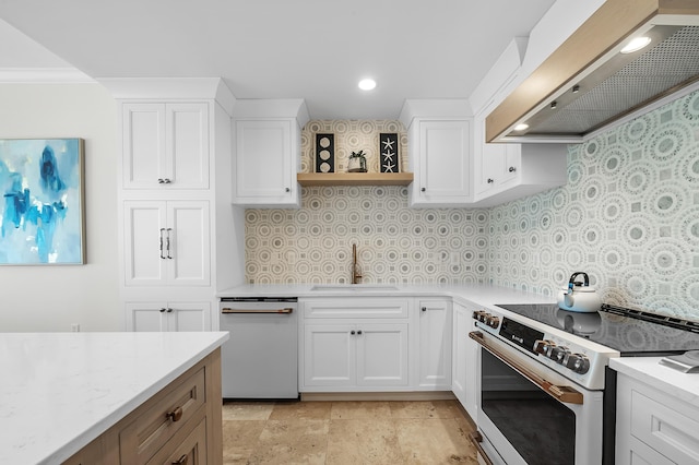 kitchen featuring open shelves, custom range hood, white cabinets, a sink, and white appliances