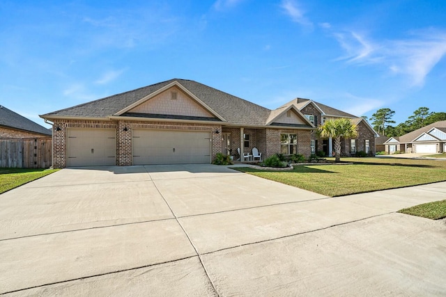 view of front of house with a garage, concrete driveway, fence, a front lawn, and brick siding