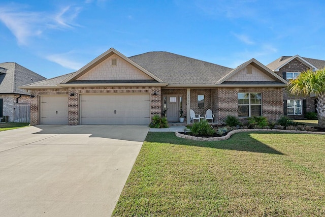 craftsman-style house with a shingled roof, concrete driveway, an attached garage, a front yard, and brick siding