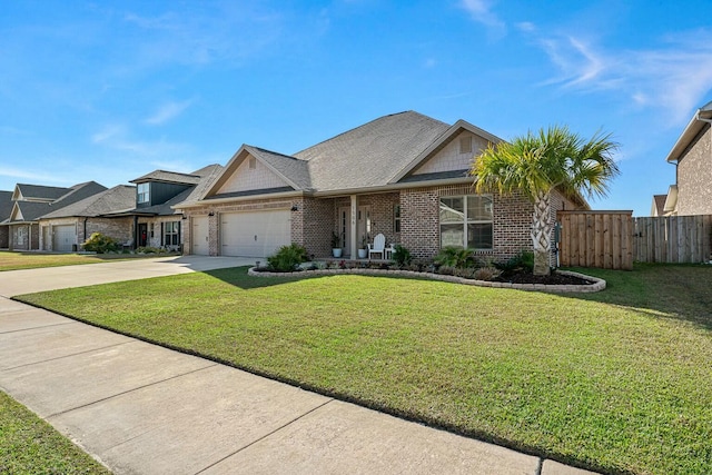 view of front of home featuring brick siding, fence, a garage, driveway, and a front lawn