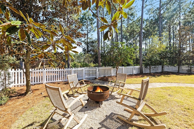 view of patio / terrace with a fire pit and a fenced backyard