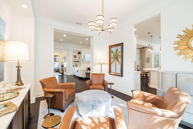 living area with visible vents, ornamental molding, and dark wood-type flooring