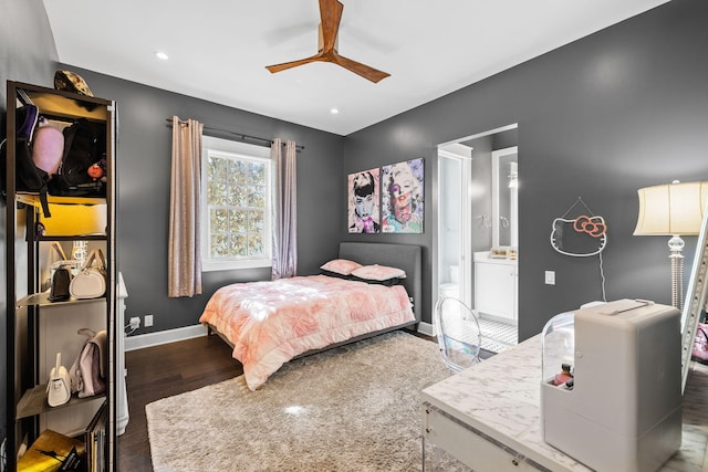 bedroom with recessed lighting, a ceiling fan, connected bathroom, wood finished floors, and baseboards