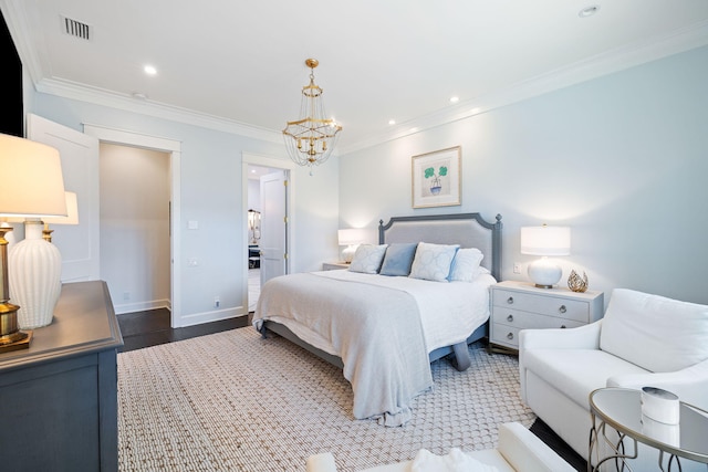 bedroom with recessed lighting, visible vents, crown molding, and baseboards