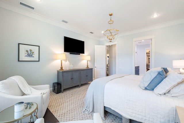 bedroom with ornamental molding, a chandelier, visible vents, and light carpet