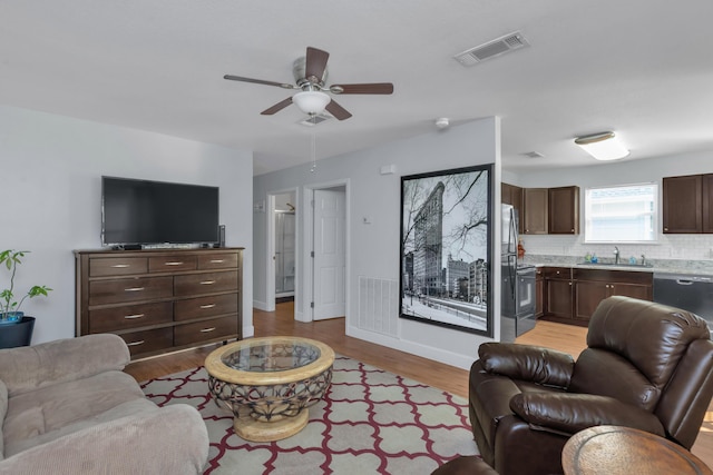 79 N 6th St, Santa Rosa Beach, FL 32459 - living area with a ceiling fan, light wood-style flooring, visible vents, and baseboards
