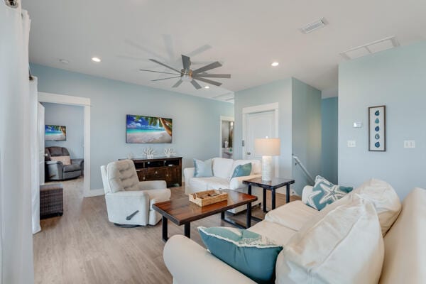 3625 Cape San Blas Rd, Cape San Blas, FL 32456 - living room with recessed lighting, light wood-type flooring, visible vents, and a ceiling fan
