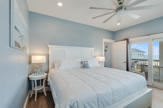 3625 Cape San Blas Rd, Cape San Blas, FL 32456 - bedroom featuring a ceiling fan, wood finished floors, baseboards, recessed lighting, and access to outside