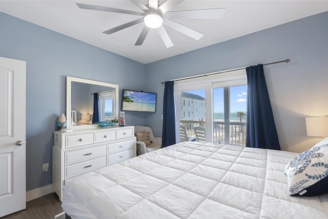 3625 Cape San Blas Rd, Cape San Blas, FL 32456 - bedroom featuring dark wood-type flooring, access to outside, baseboards, and ceiling fan
