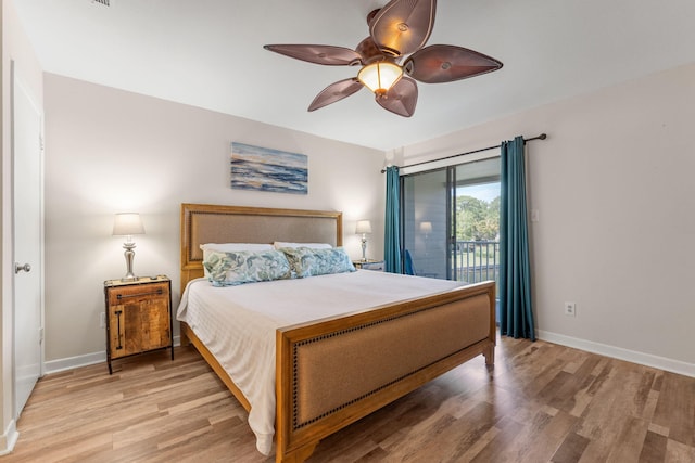 bedroom with access to outside, baseboards, ceiling fan, and light wood finished floors