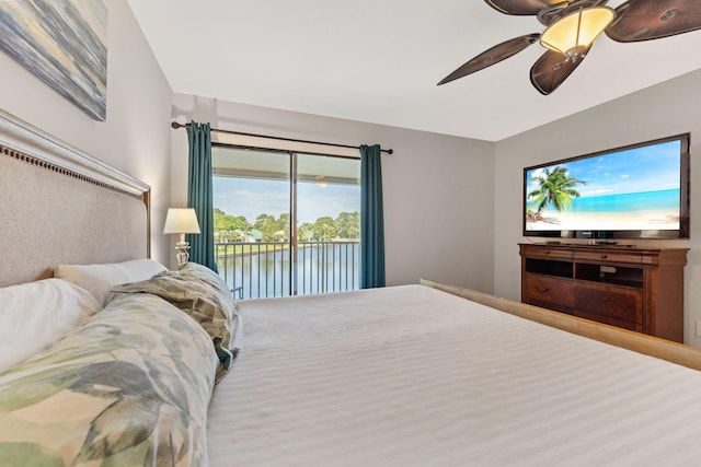 bedroom featuring access to exterior and ceiling fan