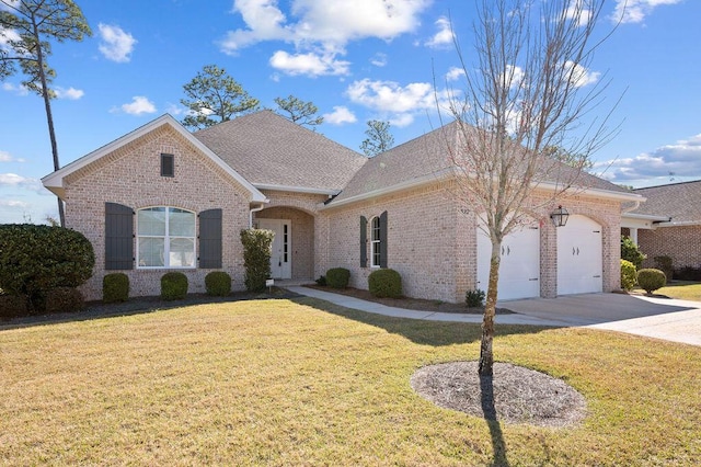 view of front of property featuring driveway, an attached garage, a front yard, and brick siding