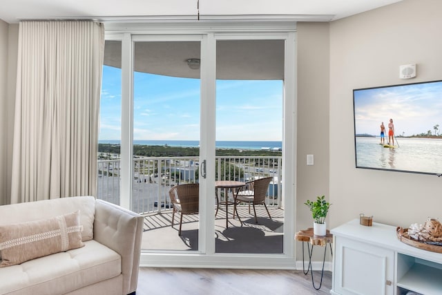 doorway to outside with floor to ceiling windows, baseboards, and wood finished floors