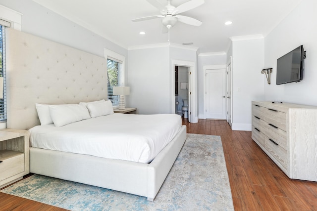 bedroom featuring recessed lighting, ornamental molding, a ceiling fan, wood finished floors, and baseboards