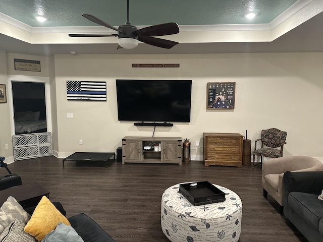 living area featuring baseboards, a tray ceiling, dark wood-style flooring, and ornamental molding