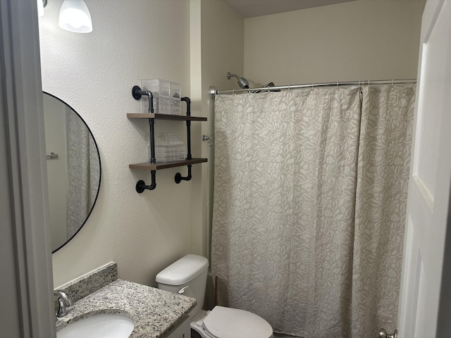 full bathroom featuring toilet, a shower with curtain, and vanity