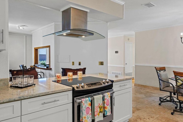 kitchen with crown molding, ventilation hood, white cabinets, and stainless steel range with electric cooktop