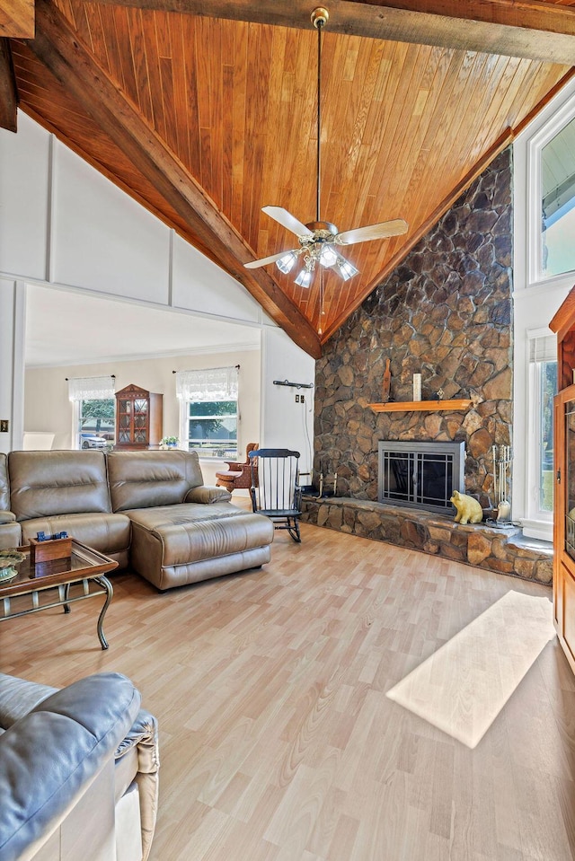 living area with a fireplace, a ceiling fan, wood ceiling, wood finished floors, and high vaulted ceiling