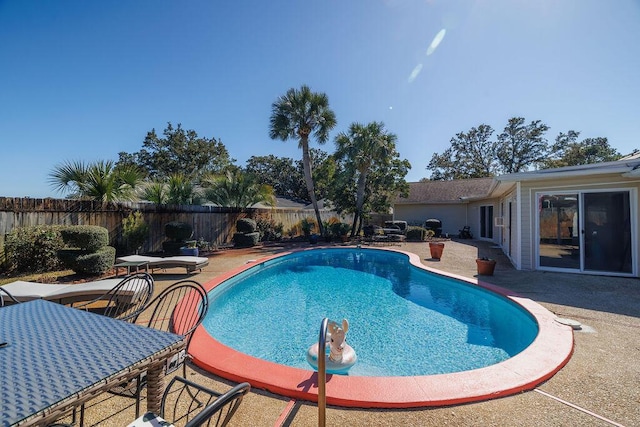 view of pool featuring a fenced in pool, a patio area, and a fenced backyard