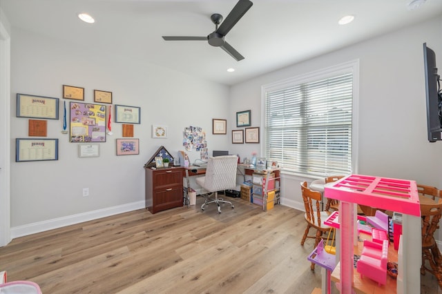 home office featuring a ceiling fan, baseboards, wood finished floors, and recessed lighting