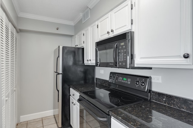 kitchen with crown molding, visible vents, white cabinets, light tile patterned flooring, and black appliances