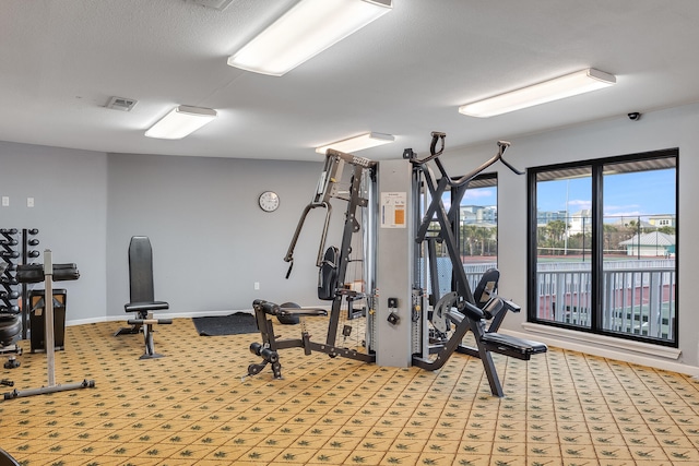 exercise room with light colored carpet, visible vents, and baseboards