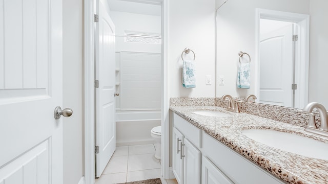 full bath featuring toilet, tile patterned floors, a sink, and double vanity