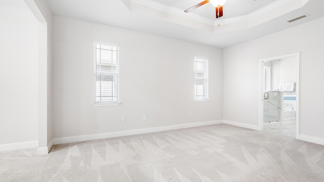 unfurnished bedroom featuring light carpet, multiple windows, and a tray ceiling