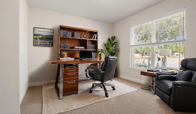 office area featuring baseboards and light carpet