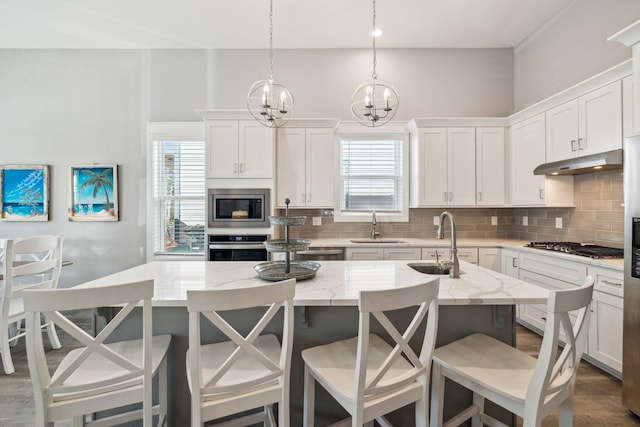 kitchen with under cabinet range hood, a center island with sink, decorative backsplash, appliances with stainless steel finishes, and a sink