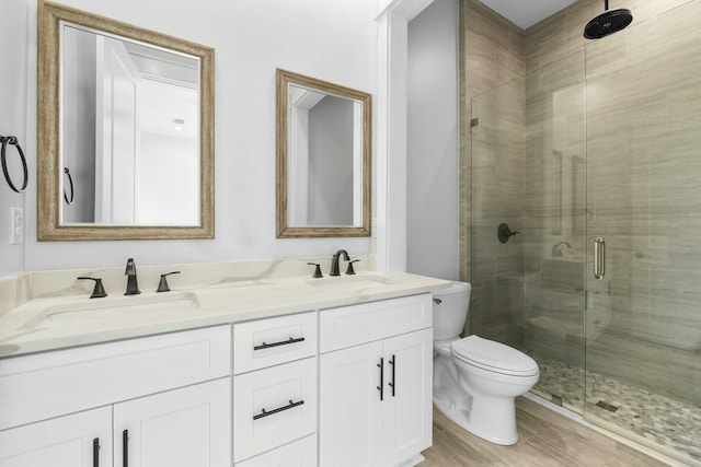 full bathroom featuring double vanity, toilet, wood finished floors, a shower stall, and a sink