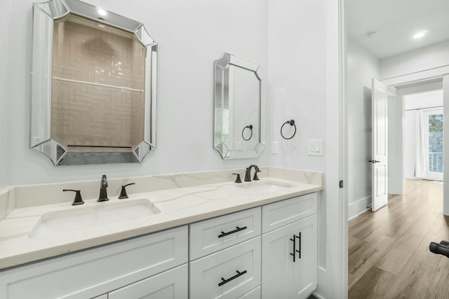 bathroom featuring double vanity, wood finished floors, a sink, and baseboards