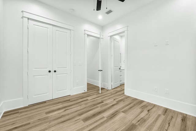 unfurnished bedroom with light wood-style flooring, recessed lighting, a ceiling fan, visible vents, and baseboards