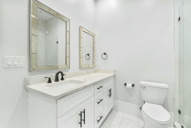 full bathroom featuring toilet, vanity, baseboards, marble finish floor, and walk in shower