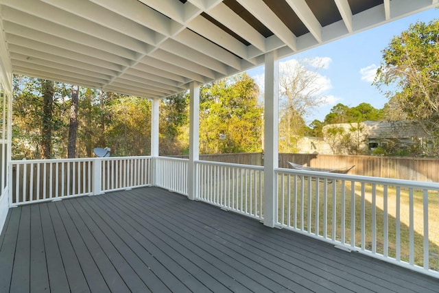 wooden terrace featuring fence