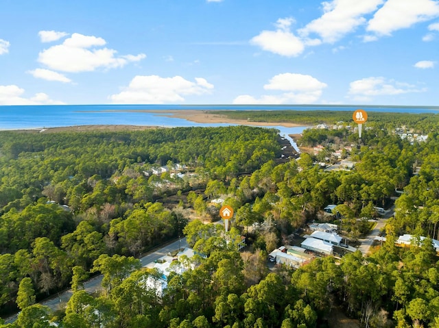 birds eye view of property featuring a water view and a wooded view