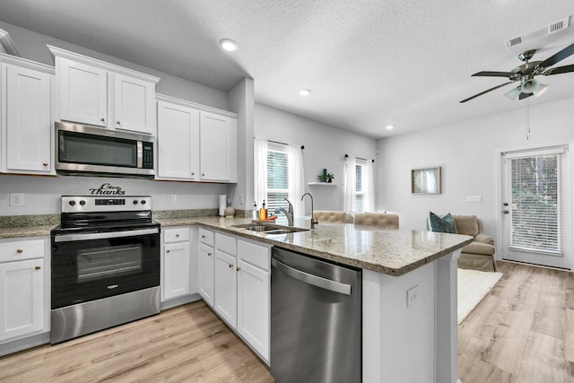 kitchen featuring a peninsula, a sink, visible vents, open floor plan, and appliances with stainless steel finishes