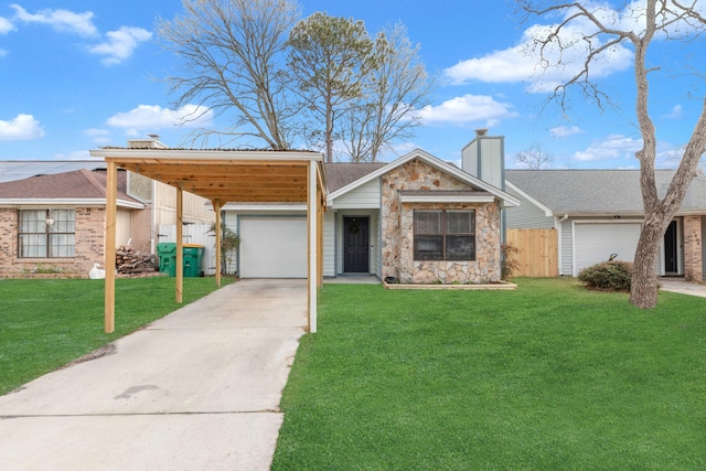 view of front facade with a garage, concrete driveway, a chimney, and a front lawn