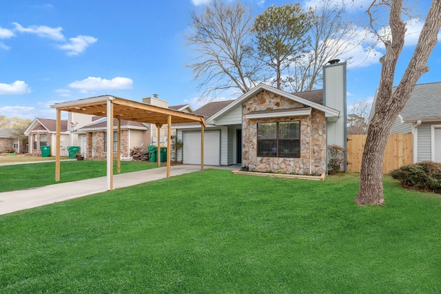 view of front of property featuring stone siding, an attached garage, a chimney, and a front lawn