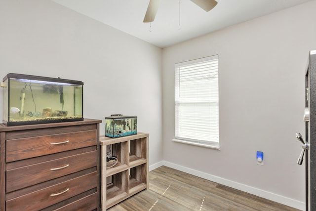 interior space with ceiling fan, baseboards, and wood finished floors