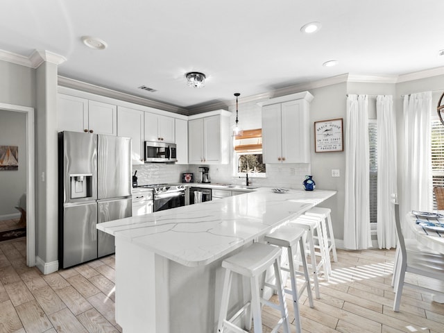 kitchen featuring a peninsula, stainless steel appliances, crown molding, wood finish floors, and a healthy amount of sunlight